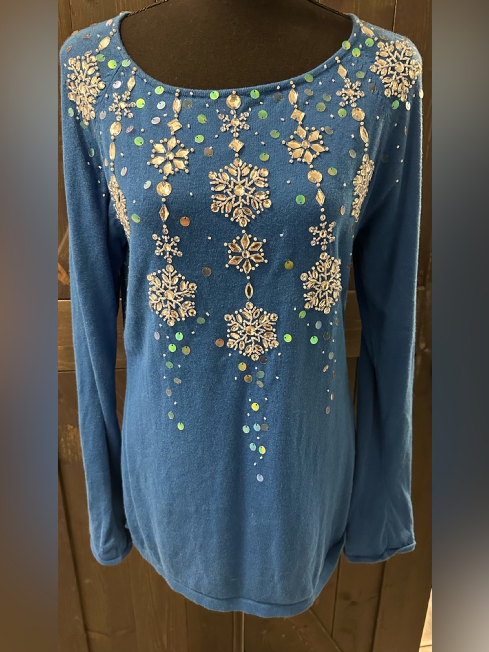 Jack B. Quick Blue Embellished Snowflake Long-Lightweight Sweater Top - Size M